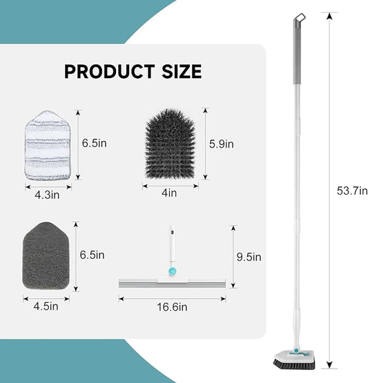 nacena Shower Scrubber with Long Handle, 4 in 1 Tile Tub Scrubber Brush with 3 Detachable Cleaning Shower Heads and Floor Squeegee Shower Cleaner Brush for Bathroom Kitchen Tub Sink Floor, Blue White