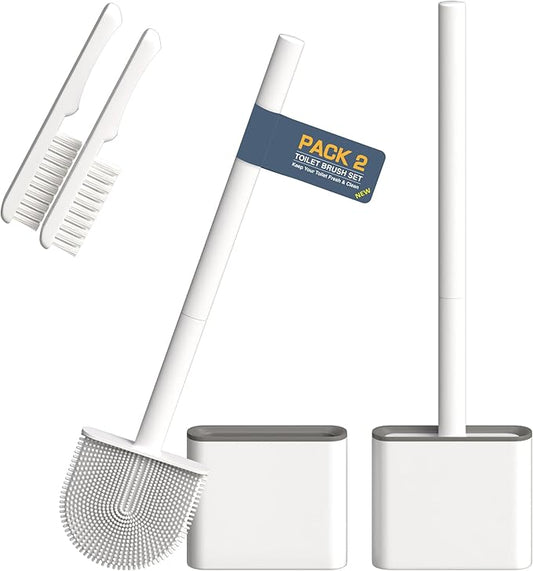 2 Pack Silicone Toilet Brushes & Holders– Includes 2 Crevice Brushes for Bathroom, Long Non-Slip Handle – Durable Bathroom Cleaning Set.