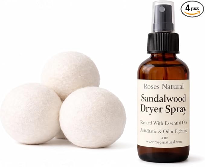 Wool Dryer Balls & Dryer Spray Bundle – 3 Reusable Dryer Balls + Plant-Based Essential Oil Dryer Spray, Natural Fabric Freshener, Anti-Static & Odor Fighting (Sandalwood)