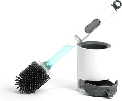 Silicone Toilet Brush and Holder Set, 1 Pack Bendable Toilet Scrubber for Curved Rim, Non-Scratch Drip-Resistant Brush with Sprayer, Space Saving Bathroom Essentials (1)