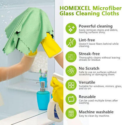 HOMEXCEL Microfiber Glass Cleaning Cloths-6PK, 16"x14" Lint Free Window Cleaning Cloth, Glasses, Mirrors, Screens, Stainless Steel, Premium Magic Cleaning Cloth for Glass and Window Cleaner
