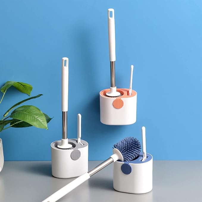 Silicone Toilet Brush and Holder Set, Deep Cleaning Floor Standing & Wall Mounted Toilet Bowl Brush for Bathroom, Toilet Brush Flexible Bristles, Compact Size for Storage and Organization (Orange)