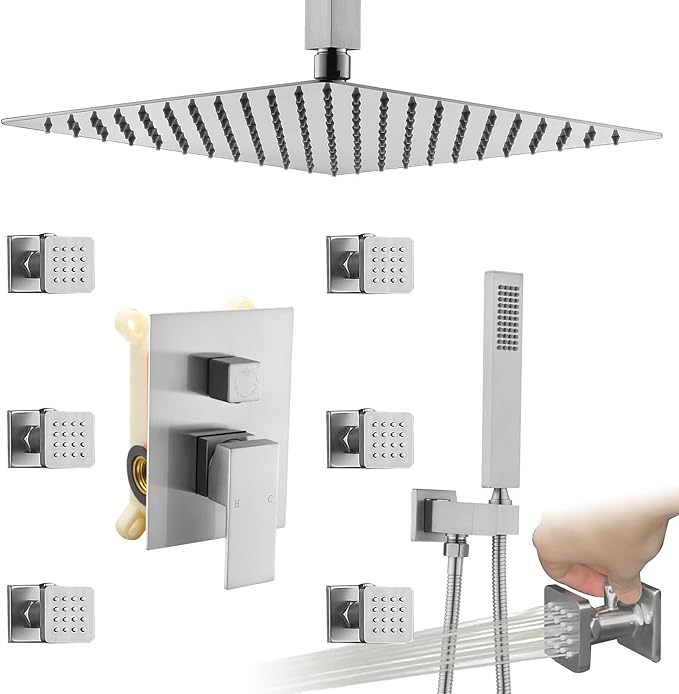 Enga Shower System Body Jets with On-Off Switch, 16 Inch Rain Shower Head System Full Body Spray Massage Shower Set, Multi Head Shower Faucet Combo, Brushed Nickel