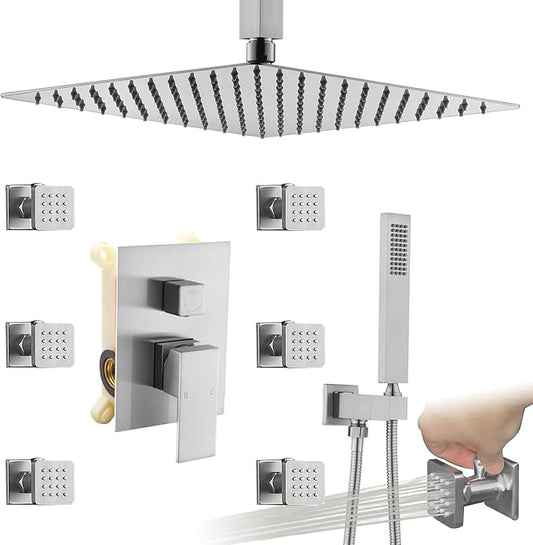 Enga Shower System Body Jets with On-Off Switch, 16 Inch Rain Shower Head System Full Body Spray Massage Shower Set, Multi Head Shower Faucet Combo, Brushed Nickel