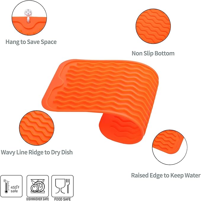 MicoYang Silicone Dish Drying Mat for Multiple Usage,Easy clean,Eco-friendly,Heat-resistant Silicone Mat for Kitchen Counter or Sink,Refrigerator or Drawer Liner Orange S 12 inches x 6 inches