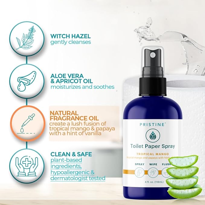 PRISTINE Toilet Paper Spray - As Seen on Shark Tank, More Natural Personal Cleansing Wipes & Flushable Wet Wipes Alternative, Spray Toilet Paper to Create Flushable Wipe, Tropical Mango, 32 fl oz