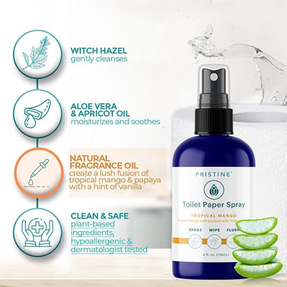 PRISTINE Toilet Paper Spray - As Seen on Shark Tank, More Natural Personal Cleansing Wipes & Flushable Wet Wipes Alternative, Spray Toilet Paper to Create Flushable Wipe, Tropical Mango, 32 fl oz