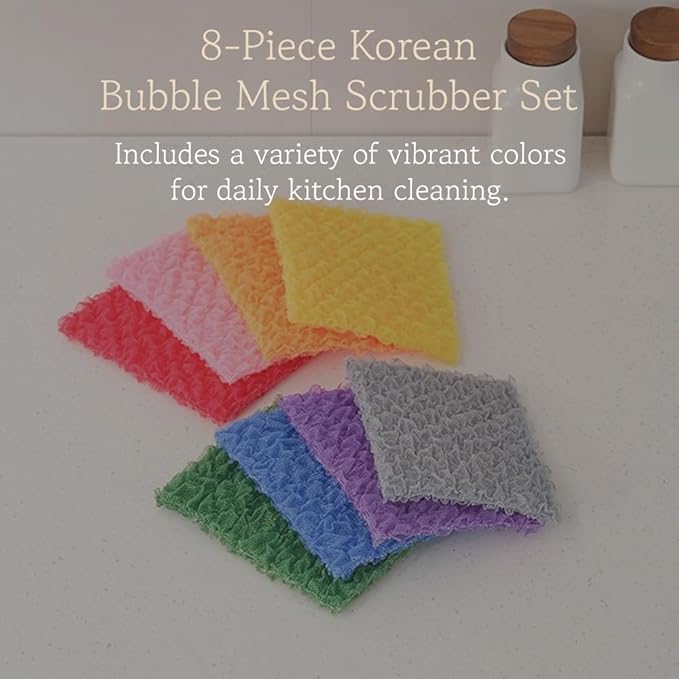 Korean Bubble Mesh Dish Scrubber, 8-Pack – Non-Scratch Kitchen Sponges, Quick-Drying Mesh Cleaning Cloths for Daily Dishwashing