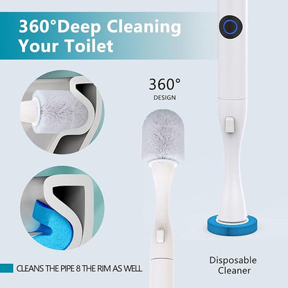 Electric Toilet Brush and Holder Set, Hillyfe Motorized Toilet Brush with 15 Disposable Refill Heads, Hard Nylon Brush 360 Degree Cleaning, Rechargeable
