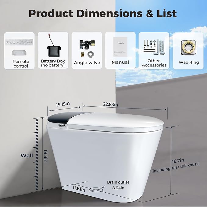 Smart Compact Toilet for Small Bathroom, 23" Depth Shallow Toilet with Foam Shield Auto Open/Close Lid, 12" Rough In, Built-in Tank, Heated Seat Foot Sensor Flush One-Piece (ZY695A Mini)