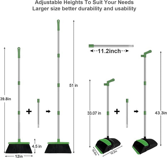 Green Broom with Dustpan Combo Set, 51" Long Handle Household Cleaning Tool, Ideal Broom and Dustpan Set for Pet Hair and Home Use