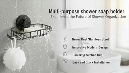Soap Dish for Shower Suction Cup Powerful Vacuum System Rustproof 304 Stainless Steel Basket Sponges Holder with Razor Hooks for Bathroom or Kitchen Soap Holder (Black)