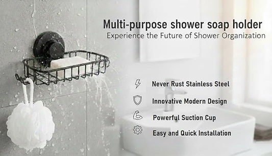 Soap Dish for Shower Suction Cup Powerful Vacuum System Rustproof 304 Stainless Steel Basket Sponges Holder with Razor Hooks for Bathroom or Kitchen Soap Holder (Black)