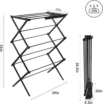 3 Tiers Foldable Clothes Drying Rack, Vertical Laundry Rack Portable and Collapsible for Storage Indoor Outdoor，Piano Black