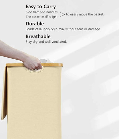 SUOCO Laundry Hamper with Lid, 29 Gal (110L) Clothes Basket with Bamboo Handles, Large Foldable Laundry Hamper for Bedroom, Bathroom, Dorm, Laundry Room - Beige