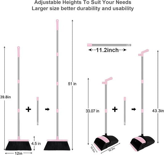Pink Broom with Dustpan Combo Set, 51" Long Handle Household Cleaning Tool, Ideal Broom and Dustpan Set for Pet Hair and Home Use