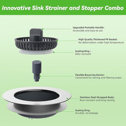 Universal Sink Stopper Strainer Combo, Stainless Steel Wrapped Drain Stopper Kitchen Sink for US Standard 3-1/2 Inch Kitchen Sink Drain, Extra 2 PCS Mesh Strainer for Food Garbage Disposal, Chrome