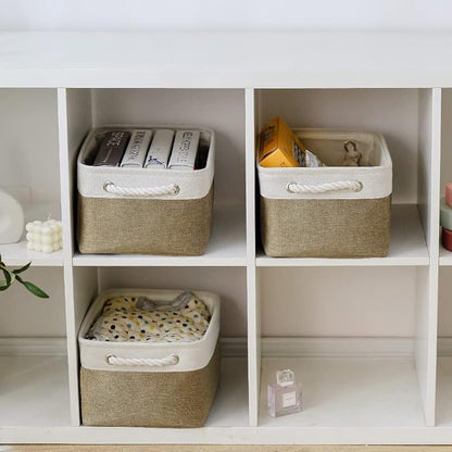 TheWarmHome Storage Basket for Organizing - 14x10x7 inch Medium 3 Pack Collapsible Storage Bin for Shelves with Handles, Canves Storage Box for Organizer Cubes Cloth Gift Toy Closet (White & Khaki)
