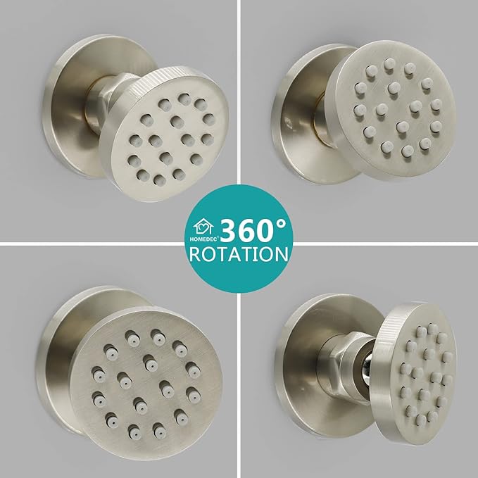 HOMEDEC 6pcs Round Brass Shower Body Spray Massage Jets Spa-like Bathroom Showerhead,Brushed Nickel