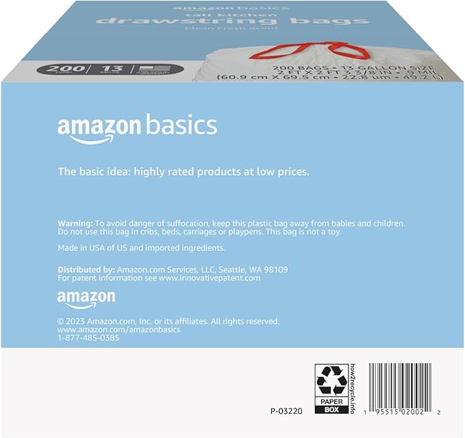 Amazon Basics Scented Trash Bags, Tall Kitchen Drawstring, Clean Fresh Scent, 13 Gallon, 200 Count, Pack of 1