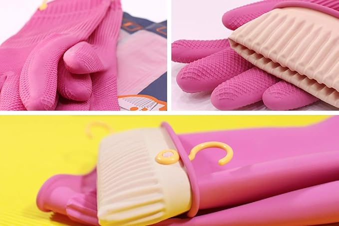 Myungjin 2 Pairs Reusable Waterproof Non-Slip Honeycomb Grip Latex Rubber Gloves with Hang-Dry Hooks/Hanging Loops for Dishwashing Household Cleaning Cooking (Small)