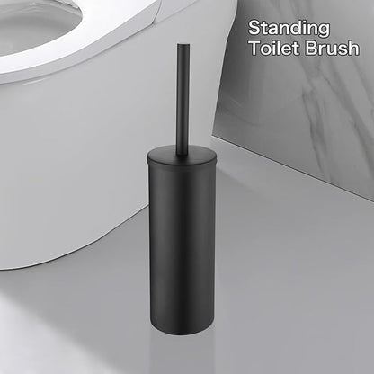 Freestanding Toilet Bowl Brush and Holder - Black Toilet Brush Round Metal, Stainless Steel Toilet Brush Set with Removable Inner Bucket and Splash Guard Cover - Dense bristles (with Brush Handle)
