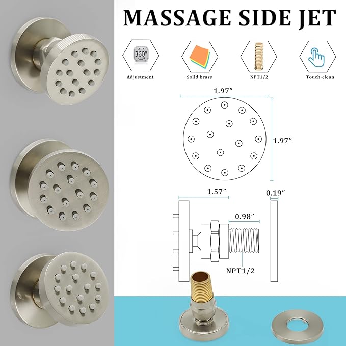 Shower Jets, HOMEDEC Round Brushed Nickel Brass Shower Body Spray, Shower Massage Wall Jet Can Swivel, Pack of 4