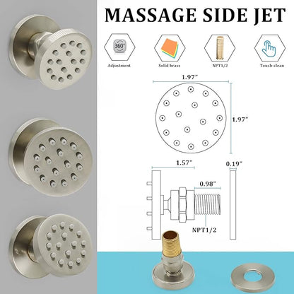 Shower Jets, HOMEDEC Round Brushed Nickel Brass Shower Body Spray, Shower Massage Wall Jet Can Swivel, Pack of 4