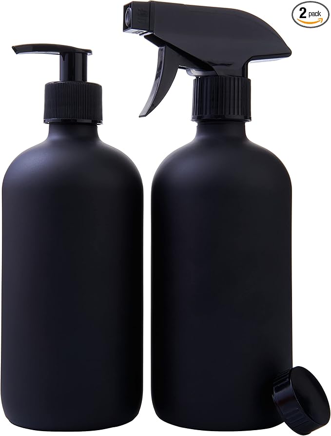 Black Boston Round Glass Bottles, 16oz | Glass Spray Bottle & Soap Dispenser | Reusable for Cleaning & More | Set of 2