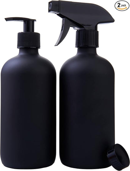 Black Boston Round Glass Bottles, 16oz | Glass Spray Bottle & Soap Dispenser | Reusable for Cleaning & More | Set of 2