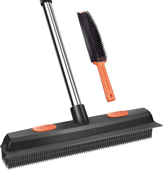 Conliwell Rubber Broom Carpet Rake for Pet Hair, Fur Remover Broom with Squeegee, Portable Detailing Lint Remover Brush (Stainless 4 Steel Handle)