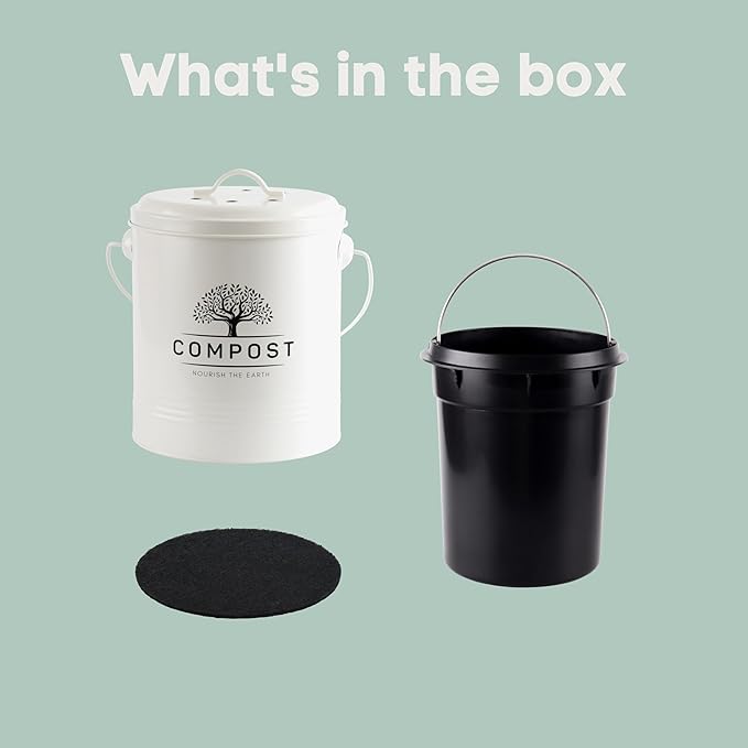 Perfnique Kitchen Compost Bin, 1.3 Gallon Countertop Compost Bin with Lid, Indoor Compost Bucket Includes Inner Bucket Liner and Carbon Filter, Small Compost Bin (Without Bags, Cream)