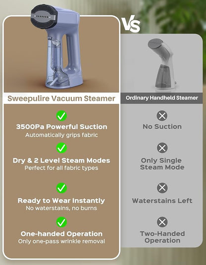 Sweepulire Vacuum Steamer for Clothes, 3500Pa Suction Handheld Clothes Steamer, 3 Modes, LED Display, Portable Travel Steamers for Clothes, Steaming & Ironing 2 In 1, 160ml Water Tank (for 110-120V)
