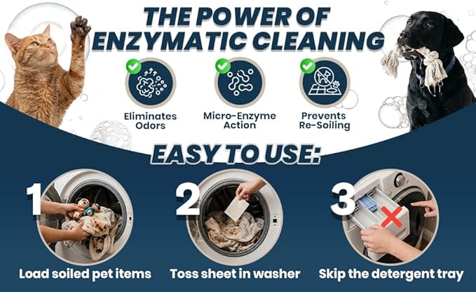 Pet Laundry Detergent Sheets Enzyme Based Odor & Pet Urine Remover-Pet Safe Laundry Sheets-Stain Eliminator-HE Washer Friendly-60 Loads-Carpet & Upholstery Cleaner