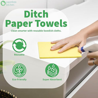 Paperless Kitchen Swedish Dishcloths 12-Pack – Reusable Eco-Friendly Cleaning Towels, Super Absorbent Cellulose Sponge Cloths for Kitchen, Dishes & Countertops, Quick-Dry & Compostable