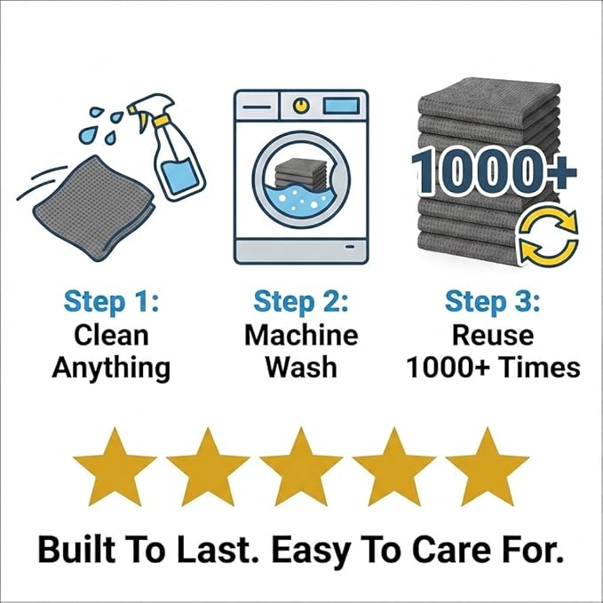 Waffle Weave Microfiber Cloths - 12 x 12 inches - Lint Free Cloth, Streak-Free Absorbent Microfiber Glasses Cleaning Cloth, Screens, Dusting & Appliances - 12 Pack Premium Cloth Wipes