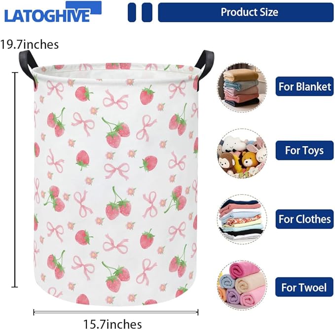 Baby Laundry Hamper kids laundry Basket Waterproof Storage Bin for Bedroom Toy Clothes Organizer Basket Woodland Animals Room Décor(Bowknot Strawberry)