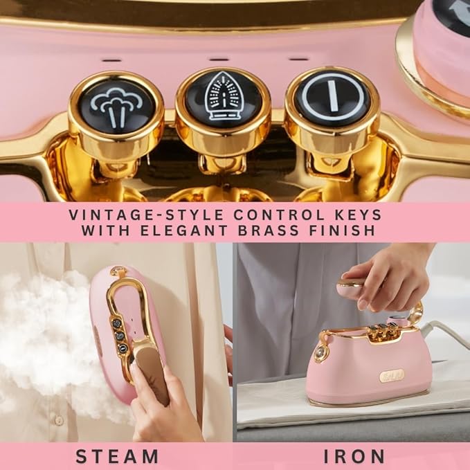 SALAV® Retro Edition Duopress Handheld Garment Steamer & Iron, Ceramic Plate, 1000W, No Drip Steam, Vertical & Horizontal Steam, Rose - Removes Wrinkles & Refreshes Clothes, Vintage Style
