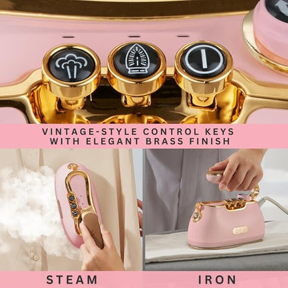 SALAV® Retro Edition Duopress Handheld Garment Steamer & Iron, Ceramic Plate, 1000W, No Drip Steam, Vertical & Horizontal Steam, Rose - Removes Wrinkles & Refreshes Clothes, Vintage Style