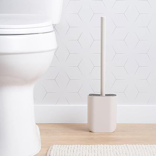Oval Beige Toilet Brush and Holder Set - Minimalist Polyresin Base, Stainless Steel Handle, Silicone Head - Japandi Collection