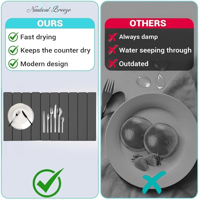 Roll-Up Stone Mat - Premium Diatomaceous Earth Dish Drying Rack, Water Absorbent Roll-Out Dish Drying Mat for Kitchen Countertops, Eco-Friendly, Quick-Dry Surface