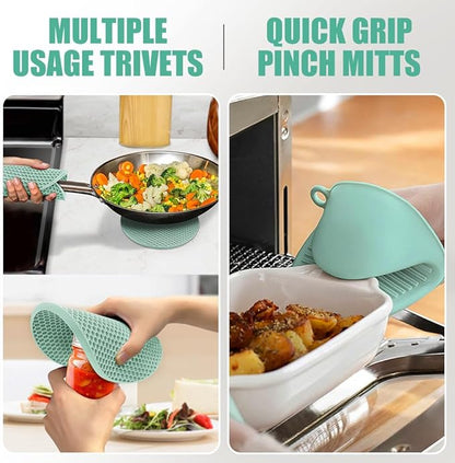 Rorecay 6pcs Oven Mitts and Pot Holders Sets Heat Resistant 500 Degrees, Extra Long Silicone Oven Gloves Non-Slip Potholders Hot Pads for Kitchen Baking Cooking, Quilted Liner, Bermuda Teal