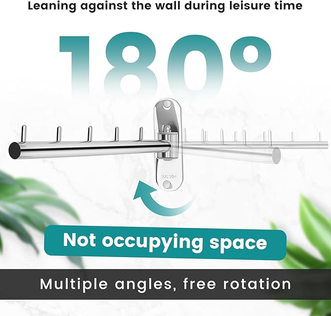 Wall Mounted Clothes Hanger Rack Swing Arm, Folding Clothes Hanger Space Saving Drying Rack Stainless Steel Laundry Room Valet Hook Holder Foldable Hanging Hook Rod for Laundry Closet Bedroom