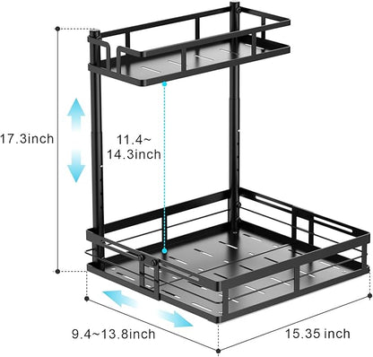 iSPECLE Under Kitchen Sink Organizer, 2 Pack L-Shaped Height Adjustable Pull-Out Cabinet Organizer for Center-Mounted Garbage Disposal & Plumbing, Heavy-Duty Sliding for 30-36 Inch Wide Sink Cabinets