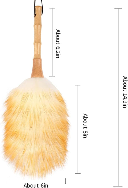 Feather Duster, Lambswool Duster for Cleaning,with Solid Wooden Handle,Leather Hang Strap,Anti-Static 14.9 inch Washable Reusable Small Hand Duster(Natural) for Office, Home and Car