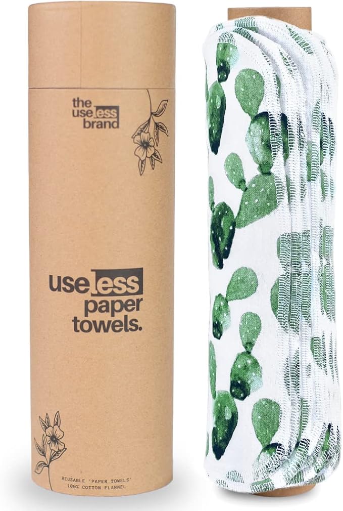 The Useless Brand Reusable Paper Towels Roll | 12 Eco Friendly Washable Cotton Flannel Towels w/Cardboard Roll | Zero Waste & Sustainable | Fits on Most Holders (Cactus, 12 Pack)