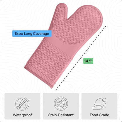 GORILLA GRIP BPA-Free Soft Silicone Oven Mitts, 14.5x8.3, Heat Resistant and Waterproof Cooking Gloves, Thick Cotton Lining, Flexible Gripping for Baking Grilling, Kitchen Potholders Set of 2, Pink