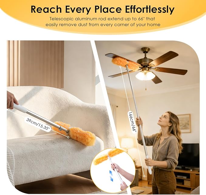 Extendable Duster Kit with 6FT Telescoping Handle & 12 PCS Duster Refills, 360° Disposable Microfiber Pads for Home Cleaning, Ceiling Fan, Blinds, Furniture