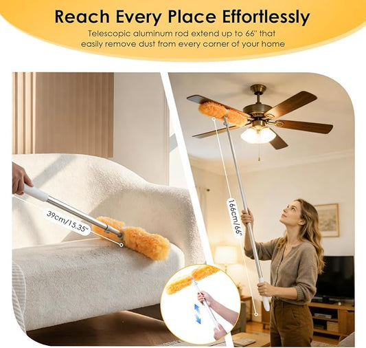 Extendable Duster Kit with 6FT Telescoping Handle & 12 PCS Duster Refills, 360° Disposable Microfiber Pads for Home Cleaning, Ceiling Fan, Blinds, Furniture
