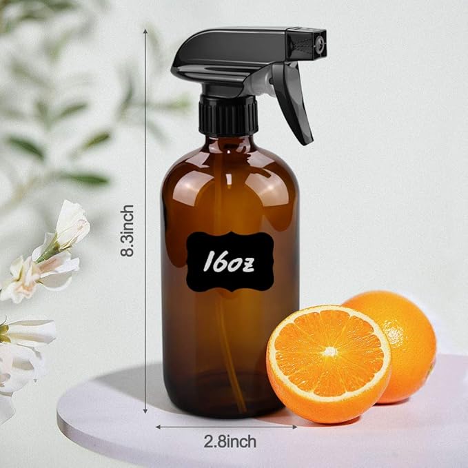 Worldgsb Glass Spray Bottles, 16oz Amber Glass Spray Bottles with Labels & Adjustable Nozzle, Reusable Containers for Cleaning, BBQ, Food, Plants, Alcohol, Essential Oils(3 Pack)